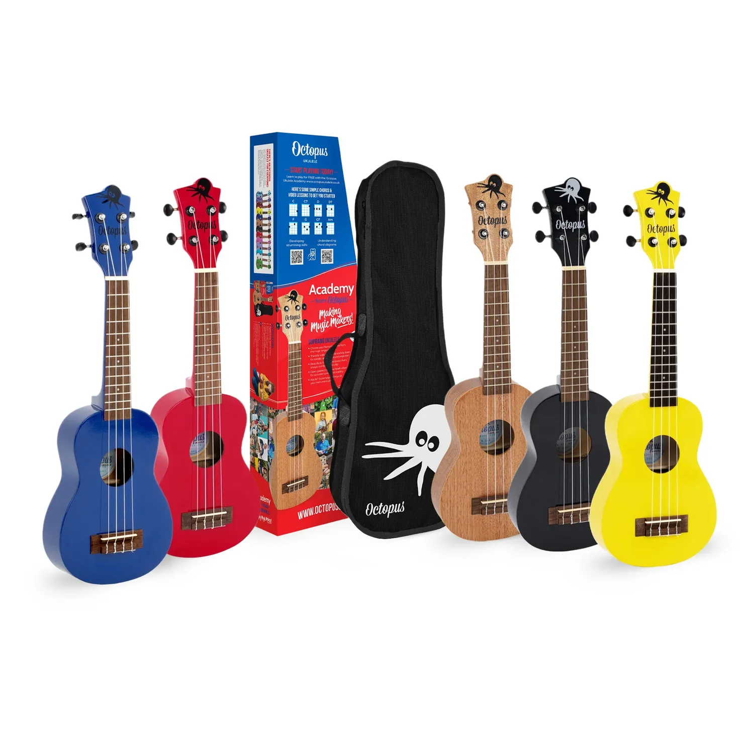 Octopus Academy sopraan ukelele 12 pack mixed colours