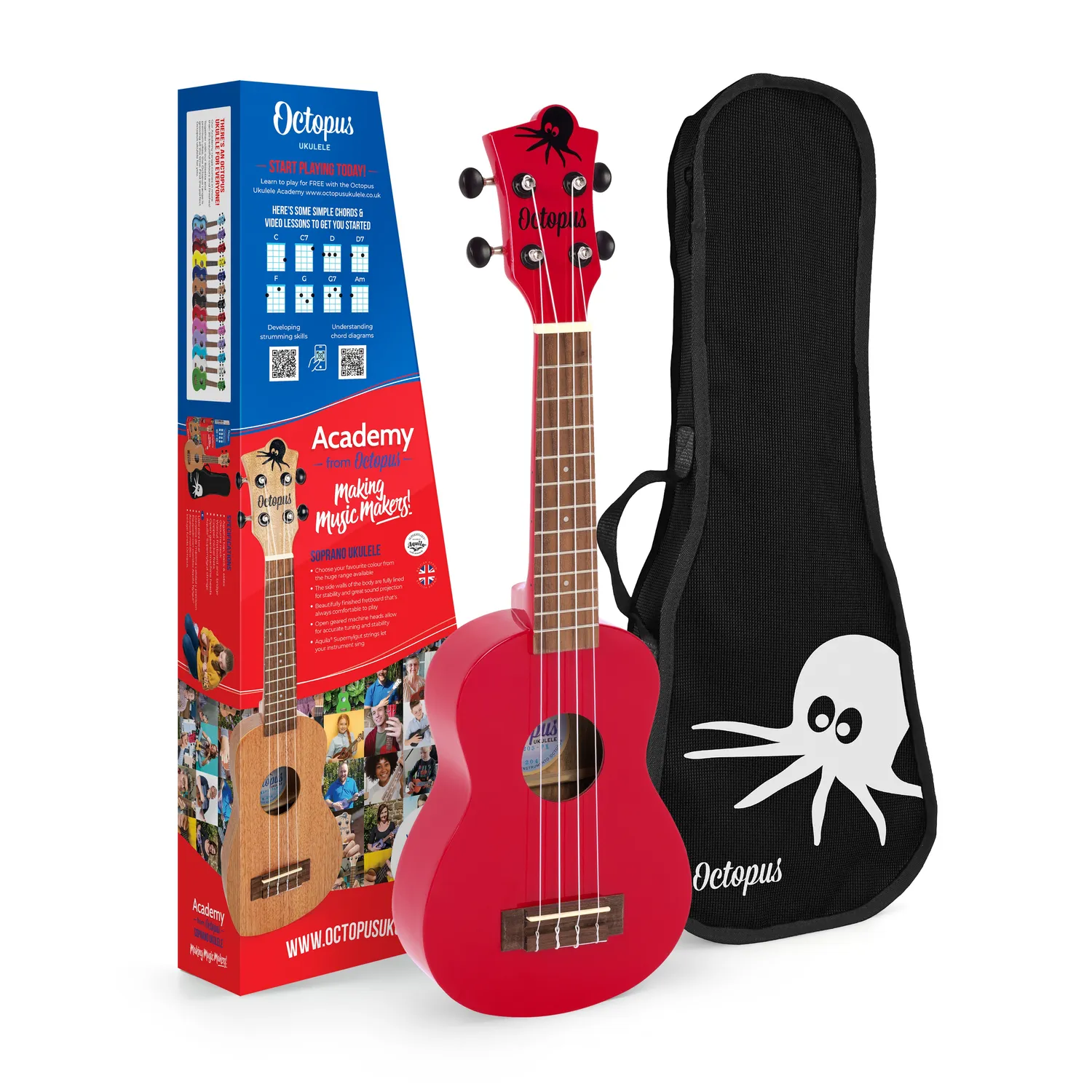 Octopus Academy sopraan ukelele 12 pack mixed colours