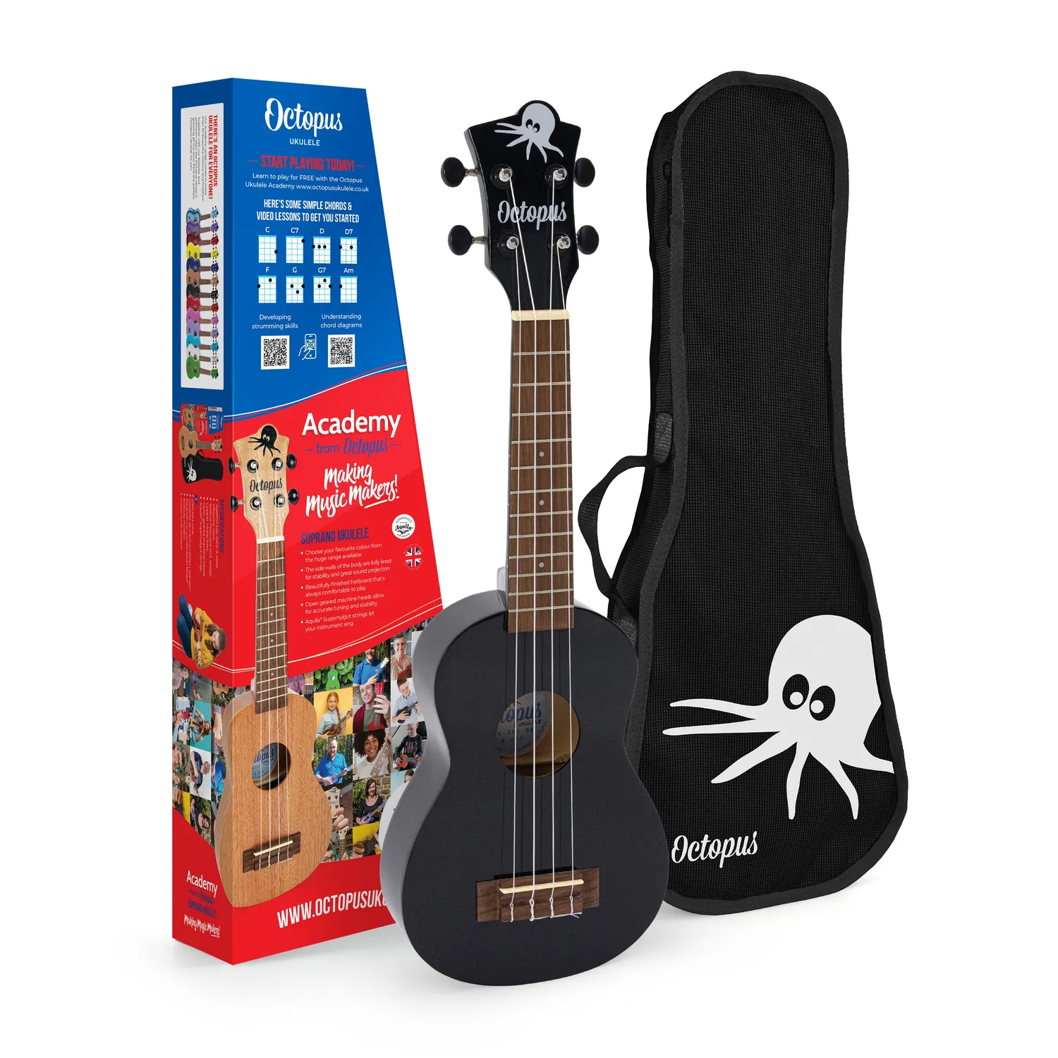 Octopus Academy sopraan ukelele 12-pack met gigbag