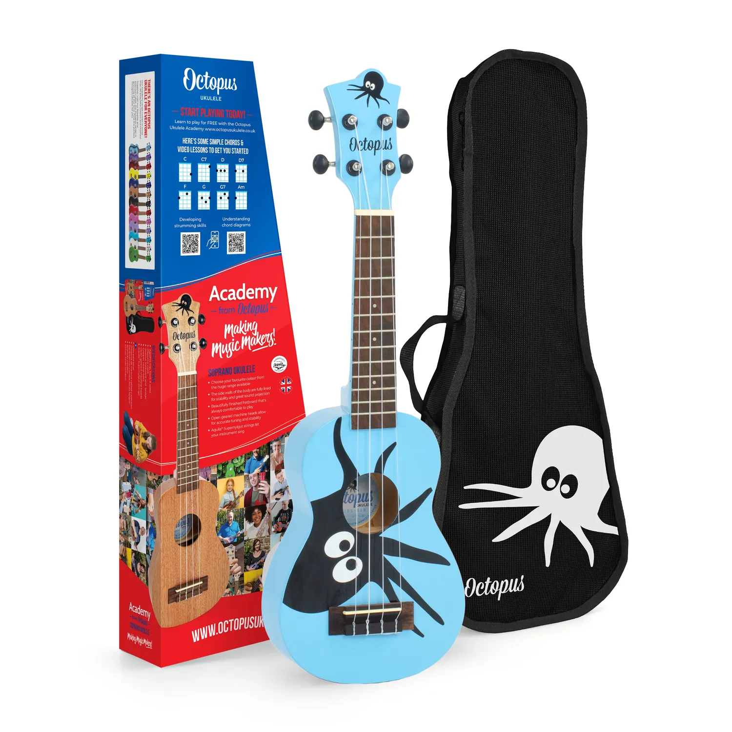 Octopus Academy sopraan ukelele geel octopus