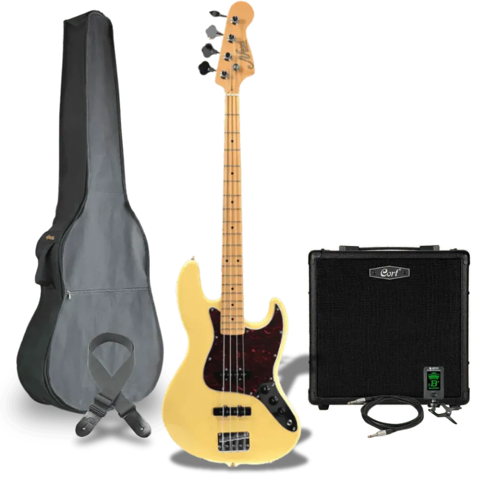 MAI Starter Jazz Bass basgitaar starterset Vintage White 2-pickup