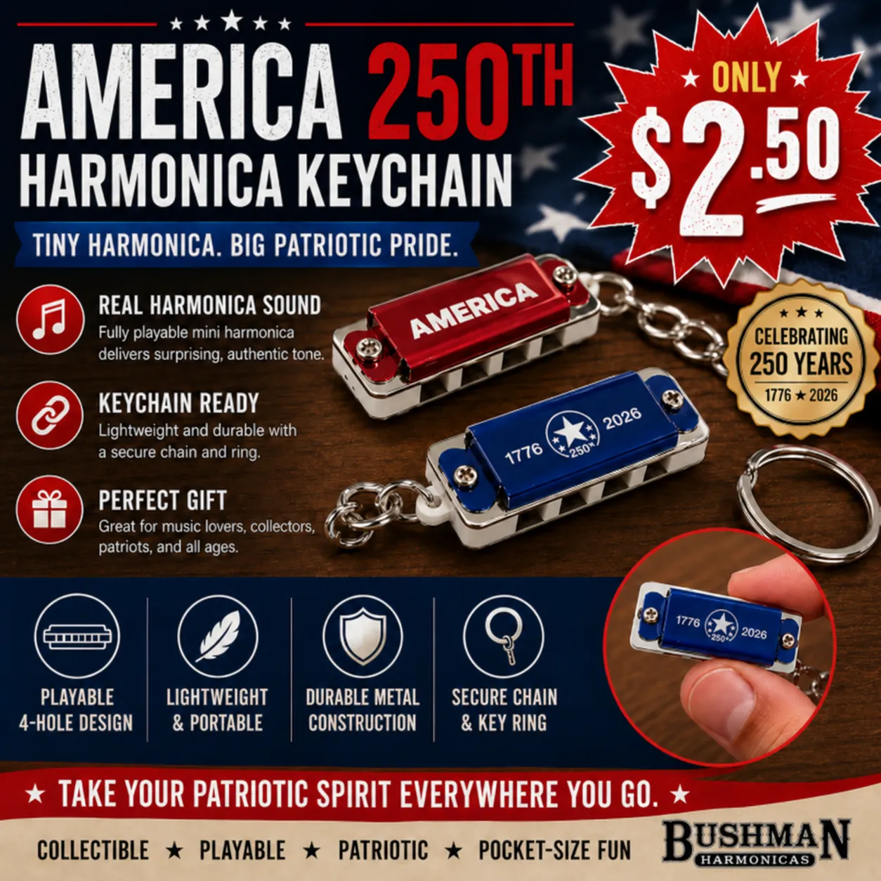 Bushman America 250th Birthday mini mondharmonica sleutelhanger