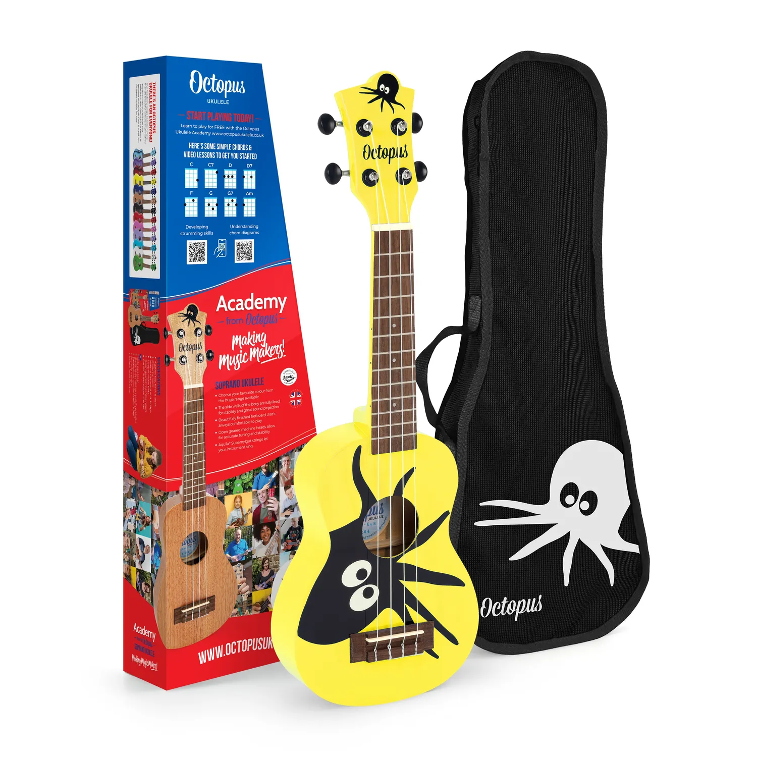 Octopus Academy sopraan ukelele geel octopus