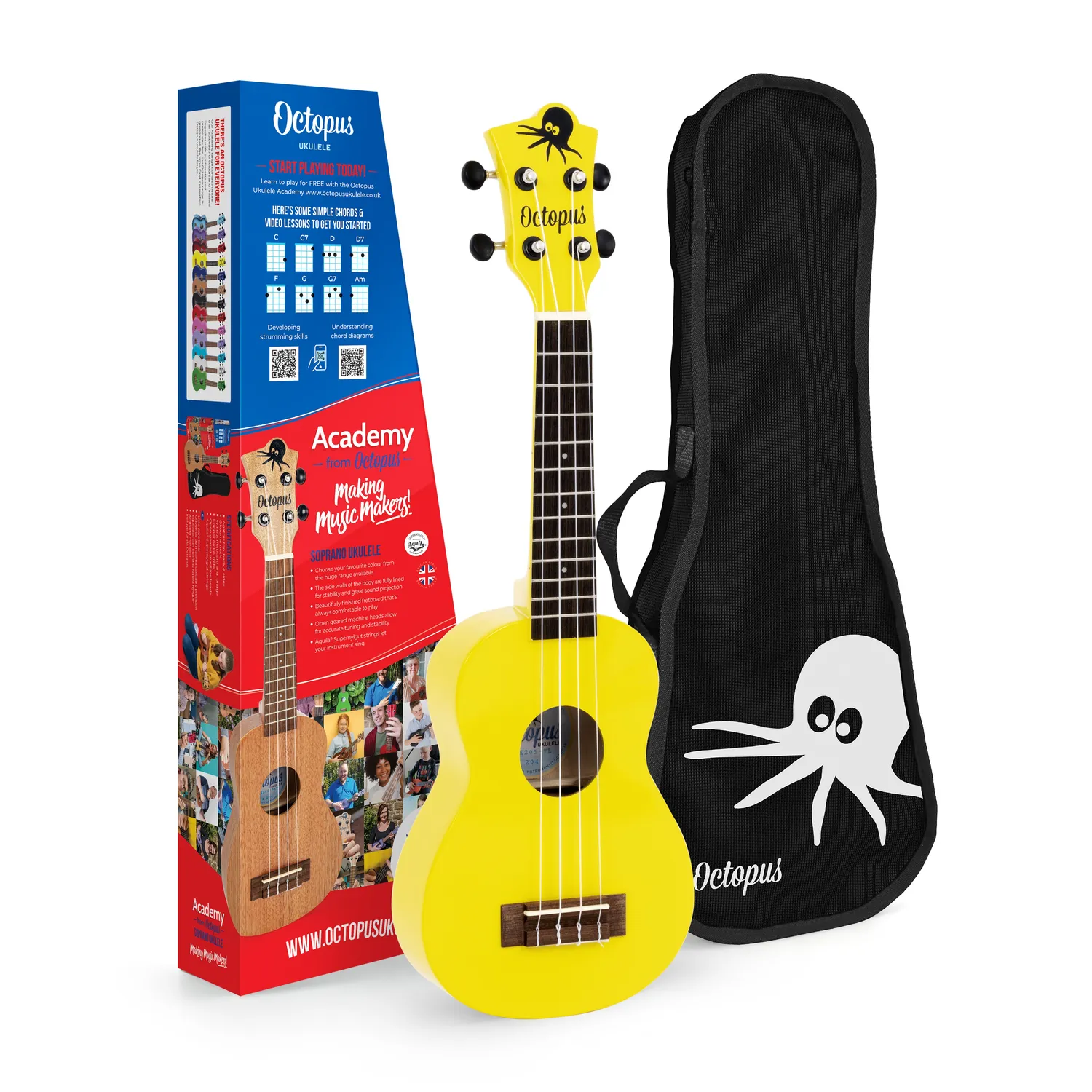 Octopus Academy sopraan ukelele 12 pack mixed colours