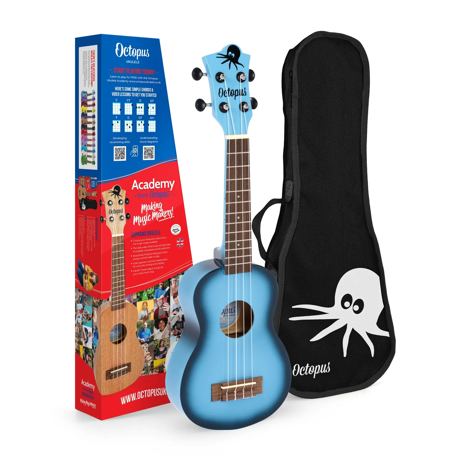 Octopus Academy sopraan ukelele 12-pack met gigbag