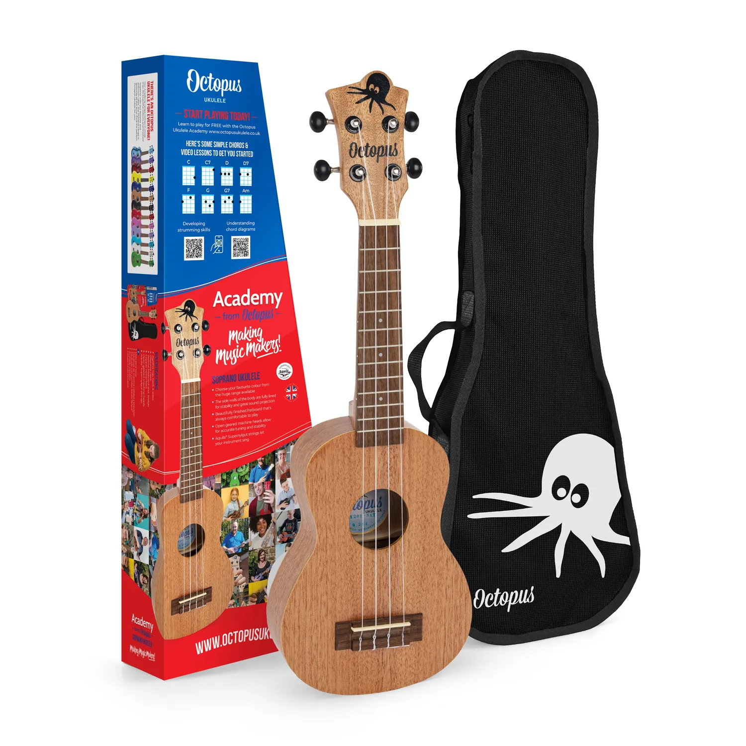 Octopus Academy sopraan ukelele 12-pack met gigbag