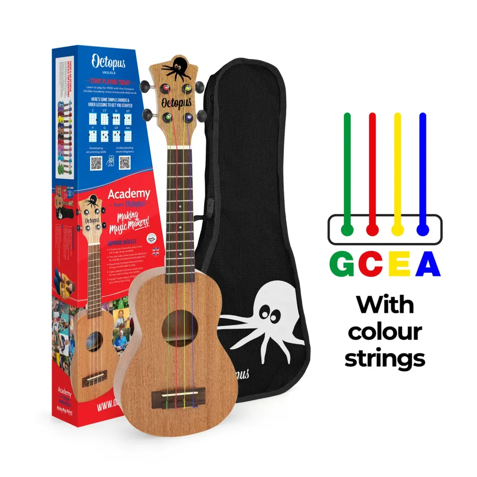 Octopus Academy sopraan ukelele naturel kleursnaren