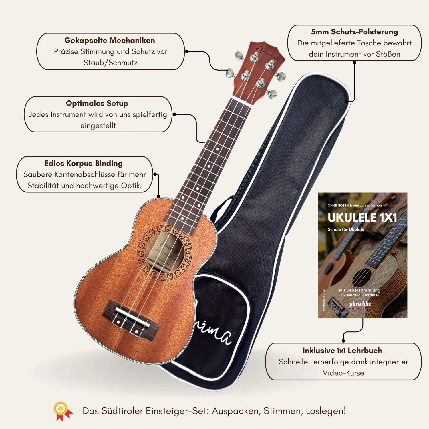 Plaschke ANIMA concert ukulele sparren mahonie complete set